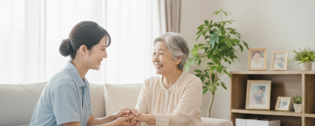 笑顔で高齢の女性と話す訪問看護師